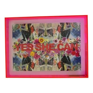 Yes She Can Embellished Artwork in Neon Pink Lucite Frame